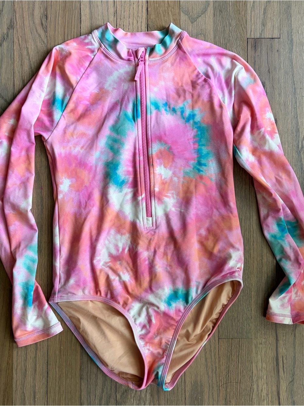 Crew Cuts Girls Long-Sleeve Tie-Dye Rash Guard Swimsuit - Pink Multi